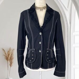 Early 2000's Black Cotton Ruffle Studded Button Up Blazer Jacket Nienhaus S / 6